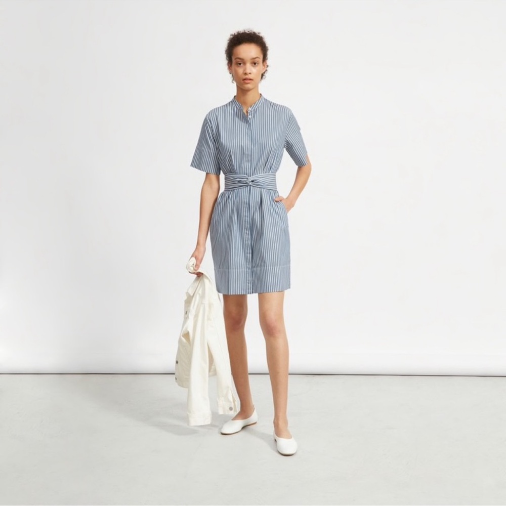 Everlane- Cotton Collarless Belted Shirtdress, Navy/White Stripe in Size 8
